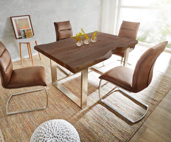Jídelní stůl Edge 140x90 XL hnědá akácie nerezová ocel úzká