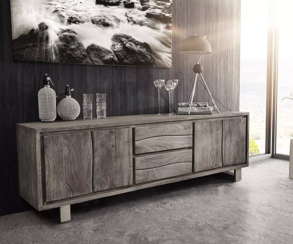 TV stolek Live Edge 200 cm akácie platina 4 dvířka 2 zásuvky