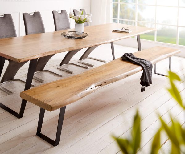 Lavice Live Edge 295x40 přírodní akácie šikmá podnož černá nepravidelná hrana