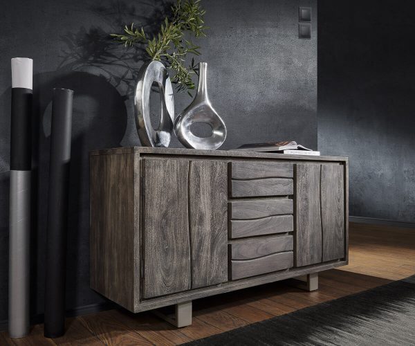 Příborník Live Edge 147 cm platinová akácie 3 šuplíky 2 dvířka