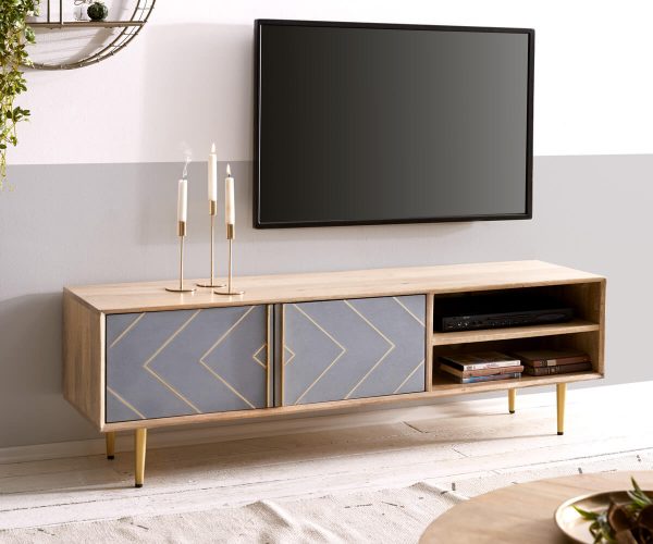 TV stolek Metropolitní 147 cm mango přírodní 2 dvířka beton mosaz