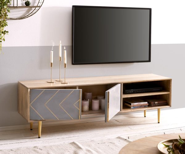 TV stolek Metropolitní 147 cm mango přírodní 2 dvířka beton mosaz - Image 2