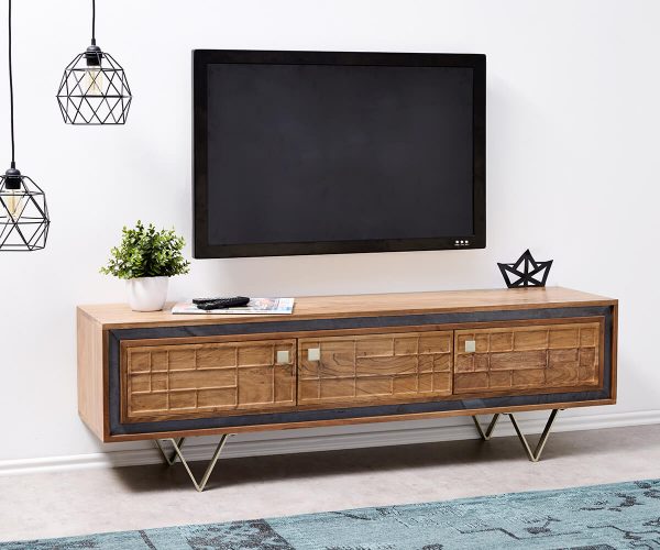 TV stolek Stonegrace 147 cm přírodní akácie 3D 3 dvířka
