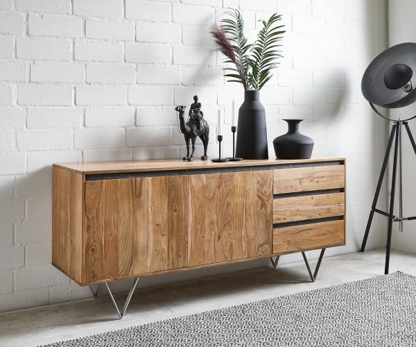 Komoda Stonegrace 175x45 cm akácie přírodní břidlice 2 dvířka 3 zásuvky