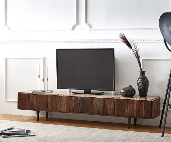 TV stolek Shia 200x35 cm masivní hnědý sheesham mramor 4 dvířka