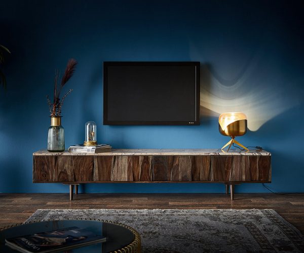 TV stolek Shia 200x35 cm masivní hnědý sheesham mramor 4 dvířka - Image 2
