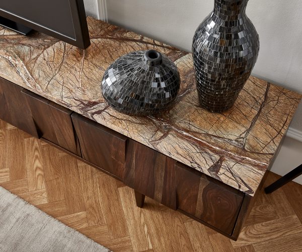TV stolek Shia 200x35 cm masivní hnědý sheesham mramor 4 dvířka - Image 4
