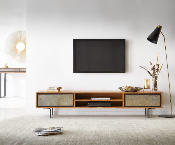 TV stolek Juwelo 200 cm přírodní akácie s kamennou dýhou 2 dvířka - Image 2