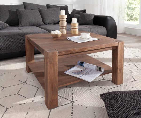 Konferenční stolek Indra Acacia Brown 80x80 Police z masivního dřeva