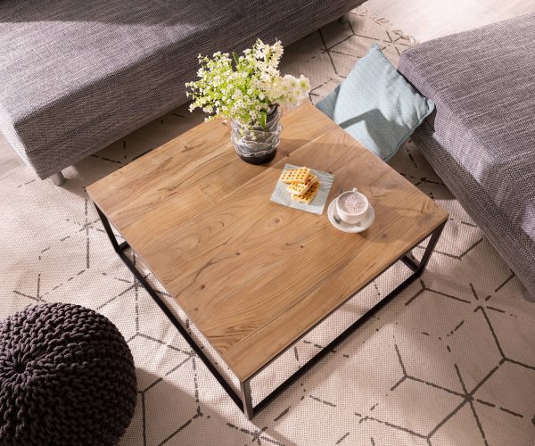 Konferenční stolek Tatius 80x80 přírodní akácie podnož černá průmyslová vintage - Image 2
