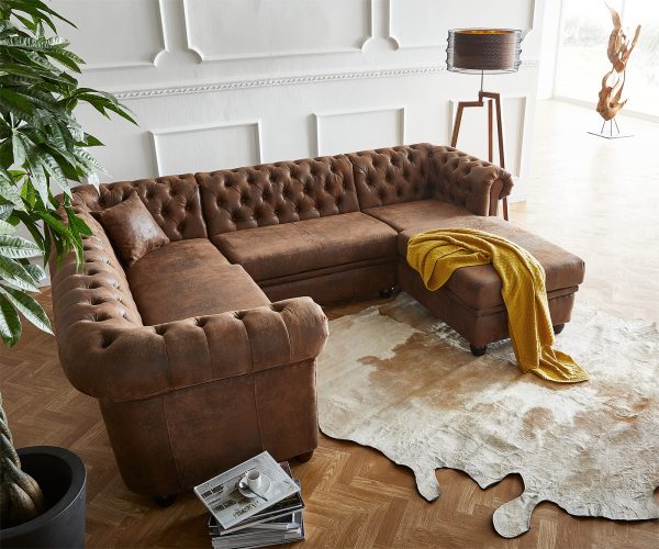 Pohovka ve tvaru "U" Chesterfield 266x88 cm hnědá prošívané lenoška pravá - Image 2