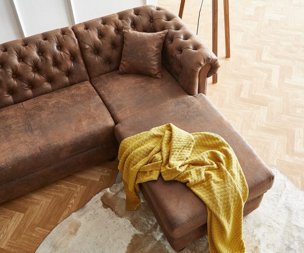 Pohovka ve tvaru "U" Chesterfield 266x88 cm hnědá prošívané lenoška pravá - Image 7