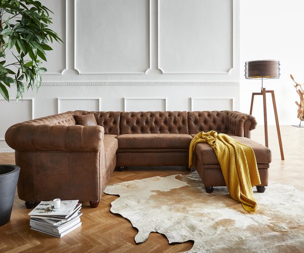Pohovka ve tvaru "U" Chesterfield 266x88 cm hnědá prošívané lenoška pravá