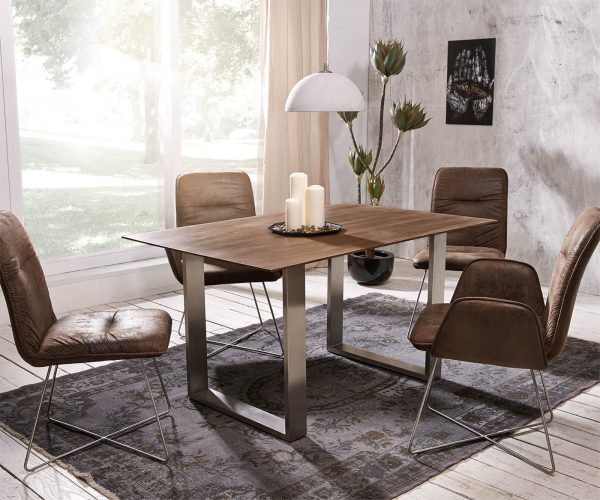 Jídelní stůl Edge 140x90 akácie hnědá nerezová ocel úzká švýcarská hrana