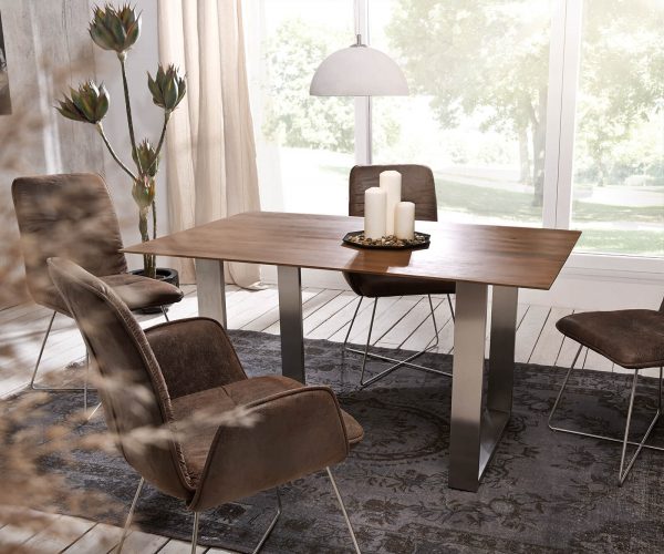 Jídelní stůl Edge 140x90 akácie hnědá nerezová ocel úzká švýcarská hrana - Image 2