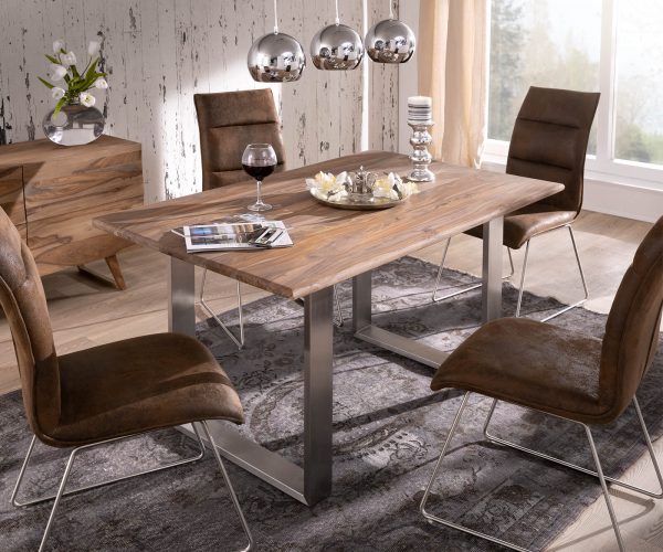 Jídelní stůl Edge 140x90 přírodní sheesham nerezová ocel úzká