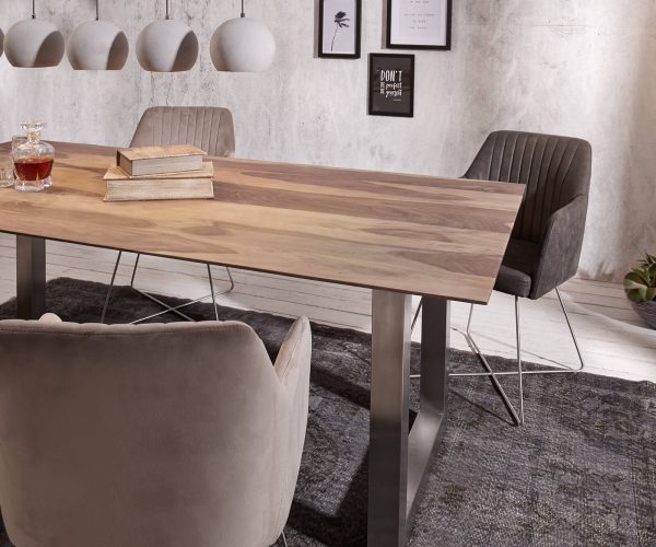 Jídelní stůl Edge 200x100 sheesham přírodní nerezová ocel široká podnož švýcarská hrana - Image 2