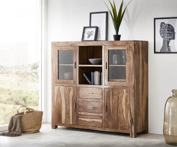 Vysoký nábytek Indra 150 cm Sheesham Nature 3 zásuvky 4 dvířka