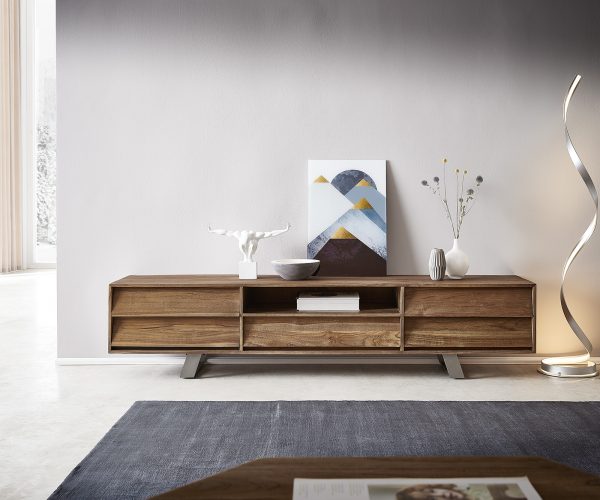 TV stolek Eloi 200x40 cm přírodní teak 1 přihrádka 5 zásuvek - Image 4