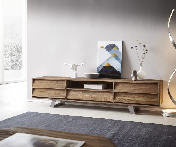 TV stolek Eloi 200x40 cm přírodní teak 1 přihrádka 5 zásuvek