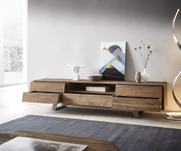TV stolek Eloi 200x40 cm přírodní teak 1 přihrádka 5 zásuvek - Image 2