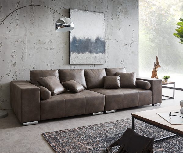 Velká pohovka Marbeya 285x115 cm tmavě hnědá s 10 polštáři XXL pohovka