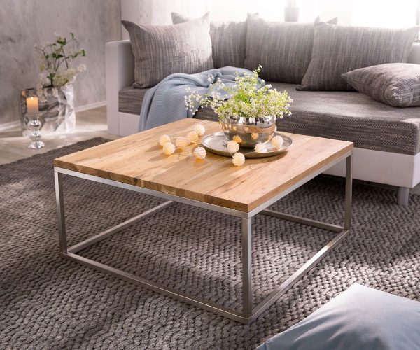 Konferenční stolek Tatius 80x80 přírodní akácie podnož nerezová ocel průmyslový styl