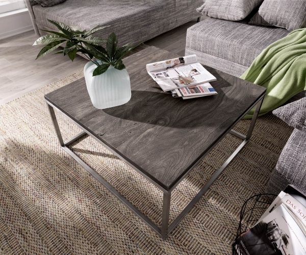 Konferenční stolek Tatius 80x80 akácie podnož platina nerezová ocel průmyslová styl