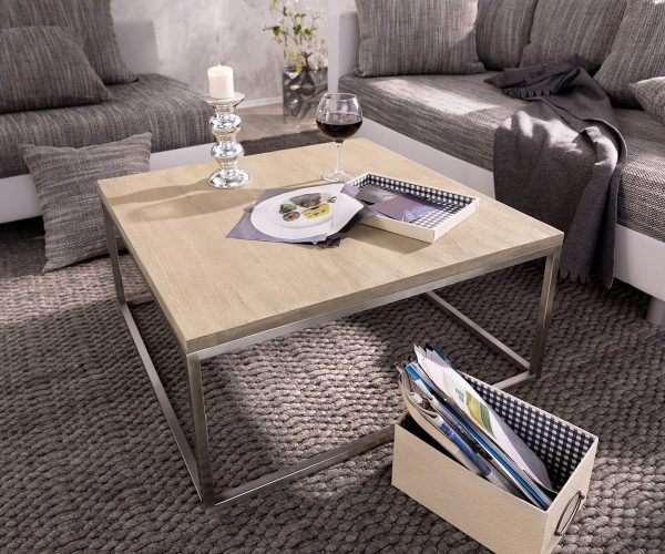 Konferenční stolek Tatius 80x80 Akácie Šampaňské Rám Nerezová ocel Průmyslový styl