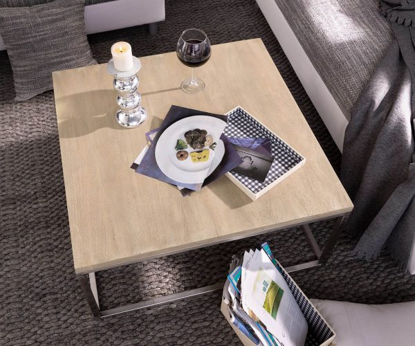 Konferenční stolek Tatius 80x80 Akácie Šampaňské Rám Nerezová ocel Průmyslový styl - Image 2