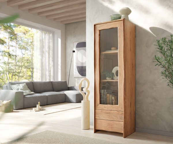 Vitrína Live Edge 60x190 cm přírodní akácie 1 dvířka 2 zásuvky masiv