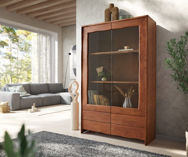 Vitrína nepravidelná hrana 120x190 cm Akácie tmavá 2 dveře 4 zásuvky Masiv