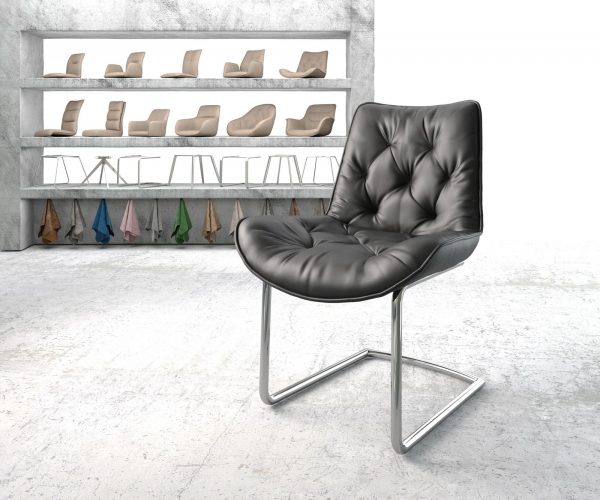 Jídelní židle Taimi-Flex Černá Pravá Kůže Cantilever Chair Round Chrome-plated