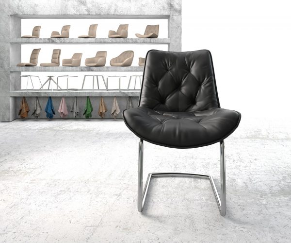 Jídelní židle Taimi-Flex Černá Pravá Kůže Cantilever Chair Round Chrome-plated - Image 2