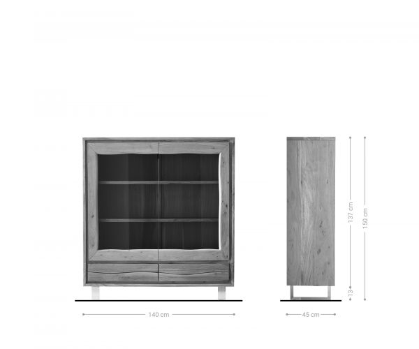 Vitrína Live Edge 140x150 cm hnědá akácie rovná hrana 2 dvířka 2 šuplíky masiv - Image 9