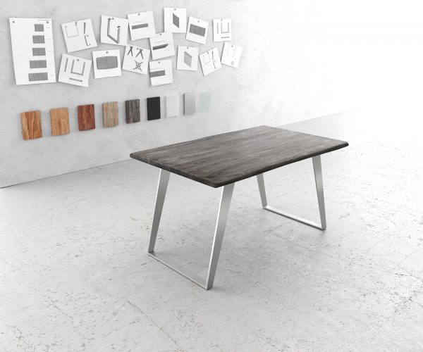Jídelní stůl hrana 140x90cm Akácie Platinum Nerezová ocel Stříbrná šikmá hrana Live Edge