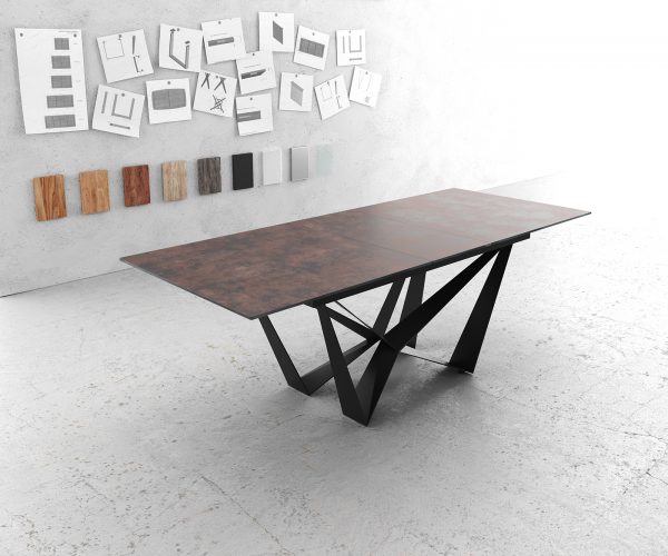 Jídelní stůl Edge 180/220x90 cm sklo hnědé vintage podnož kovová plochá černá rozkládací