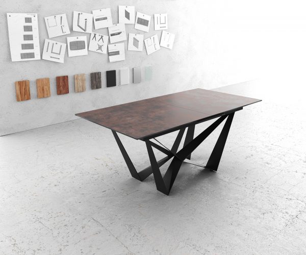 Jídelní stůl Edge 180/220x90 cm sklo hnědé vintage podnož kovová plochá černá rozkládací - Image 2