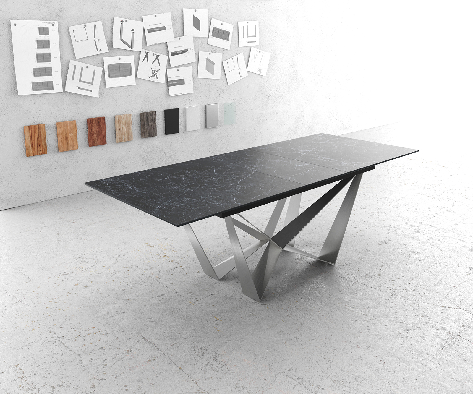 Jídelní stůl Edge 180-220x90cm keramika Laminam®Nero Greco antracitová středová podnož plochá ocel stříbrná rozkládací