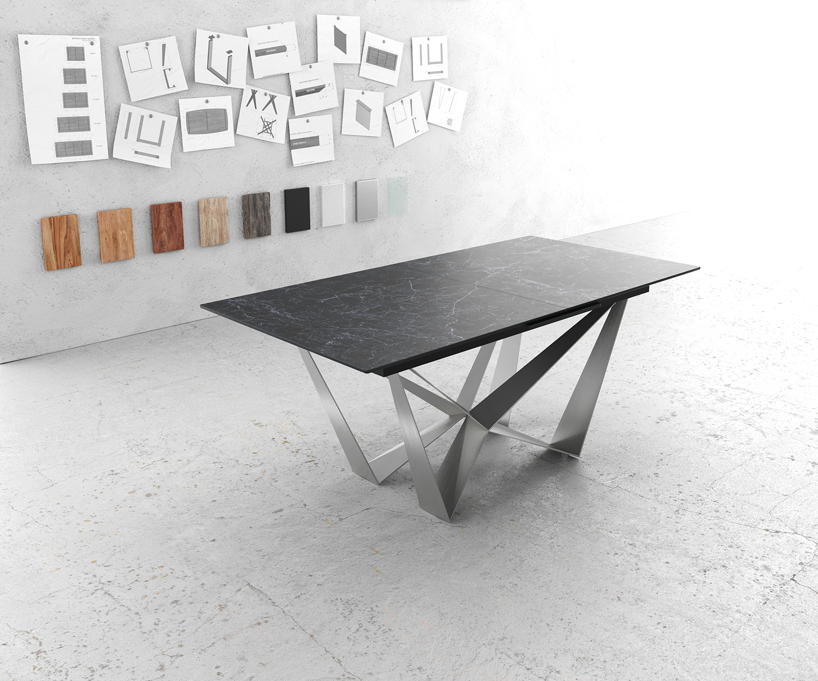 Jídelní stůl Edge 180-220x90cm keramika Laminam®Nero Greco antracitová středová podnož plochá ocel stříbrná rozkládací - Obrázek 2