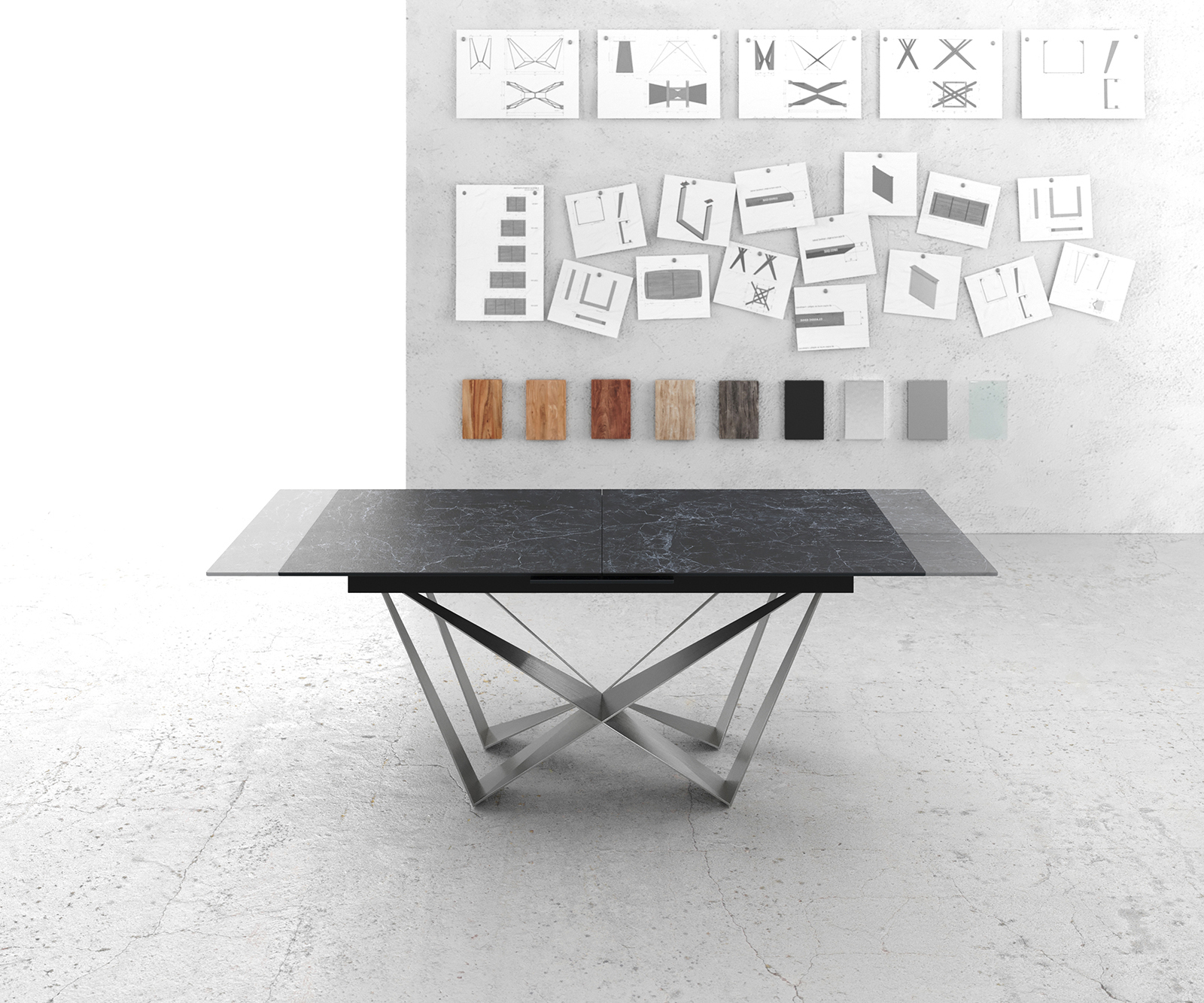 Jídelní stůl Edge 180-220x90cm keramika Laminam®Nero Greco antracitová středová podnož plochá ocel stříbrná rozkládací - Obrázek 6