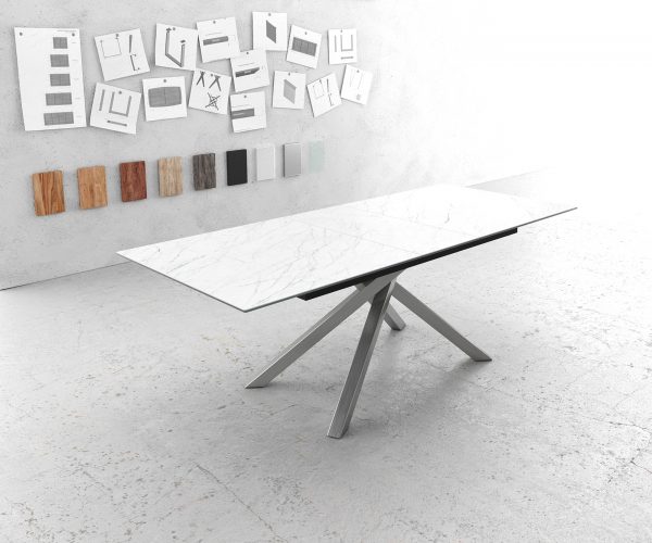 Jídelní stůl Edge 180-220x90cm Laminam® keramika bílá rozkládací křížová podnož stříbrná