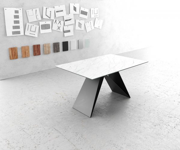 Jídelní stůl Edge 140x90cm Laminam® keramika bílá podnož ve tvaru "V" černá