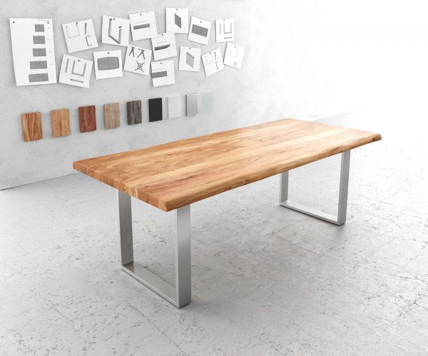 Jídelní stůl hrana 220x100cm XL Akácie Příroda Nerezová ocel Úzká hrana Live-Edge