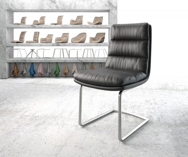 Jídelní židle Abelia-FlexPravá Kůže Černá Cantilever Round Nerezová Ocel
