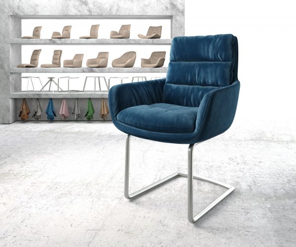 Jídelní židle Abelia-Flex s područkami Samet Modrá Cantilever Round z nerezové oceli