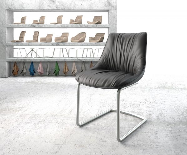 Jídelní židle Elda-FlexPravá Kůže Černá Cantilever Round Nerezová Ocel