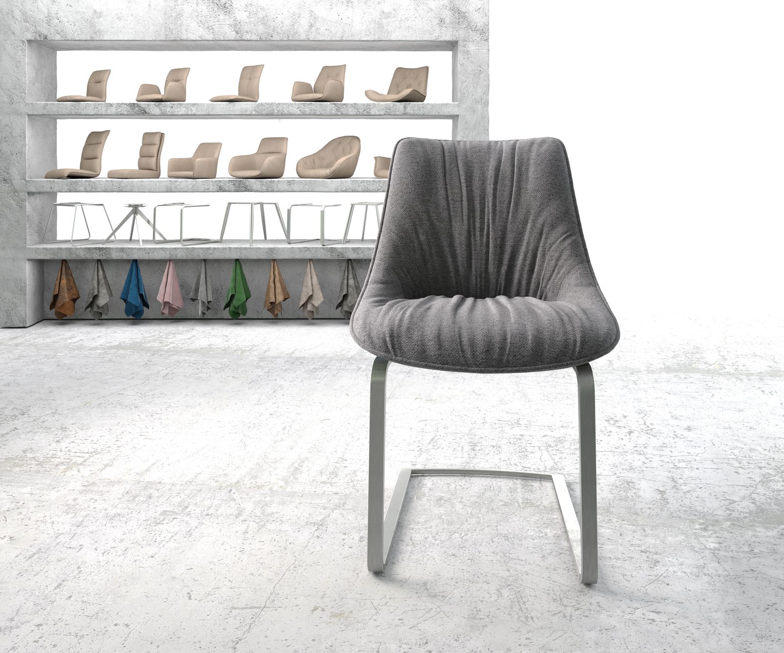 Jídelní židle Elda-Flex texturovaná tkanina světle šedá konzolová podnož plochá nerezová ocel - Obrázek 2