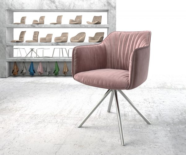 Otočná židle Elda-Flex s područkami Velvet Rosé Křížová základna kulatá nerezová ocel 180° otočná