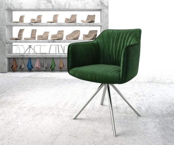 Otočná židle Elda-Flex s područkami Velvet Green Cross Base Round Stainless Steel 180° Swivel